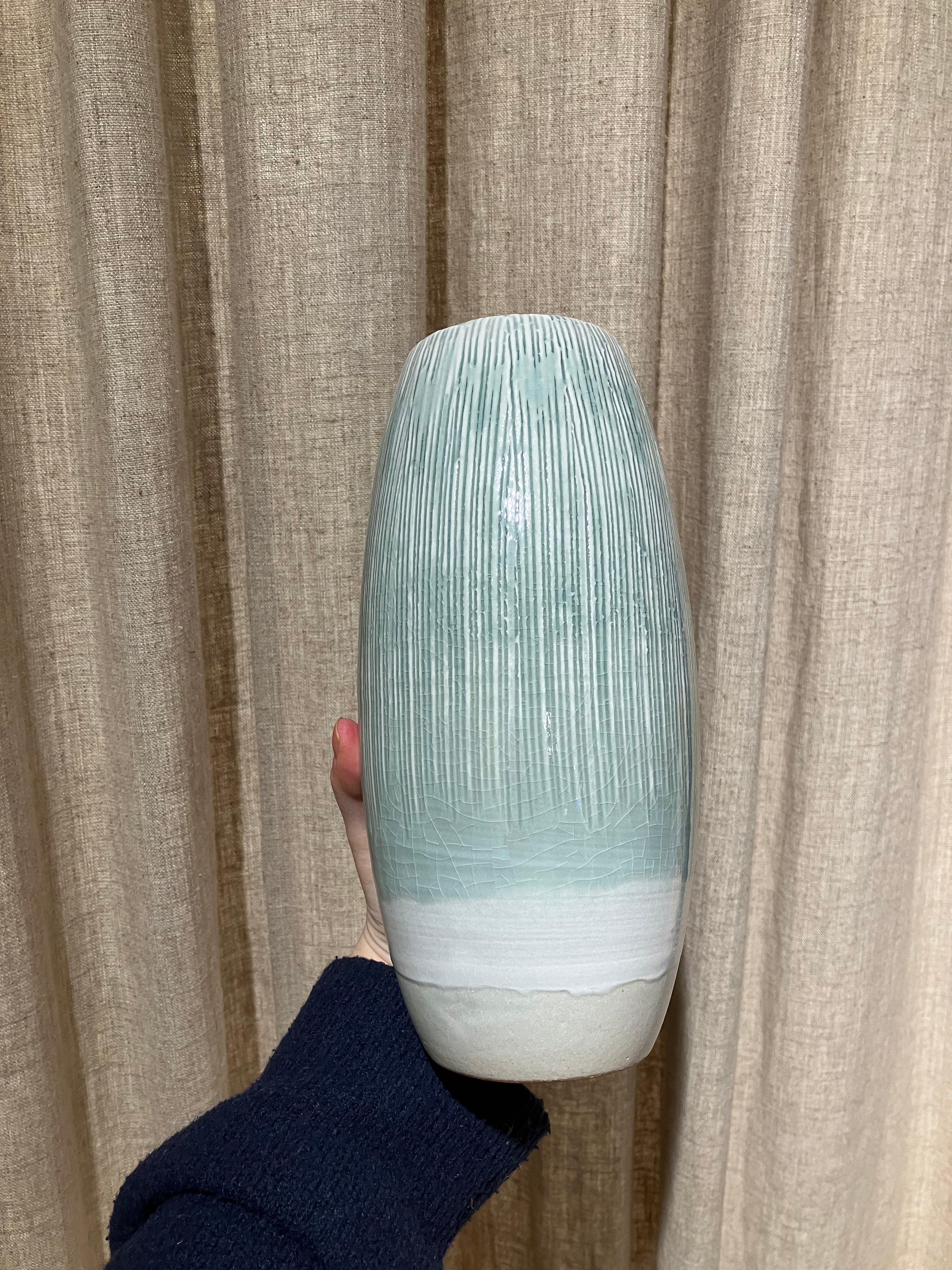 Large mint green vase with stripes