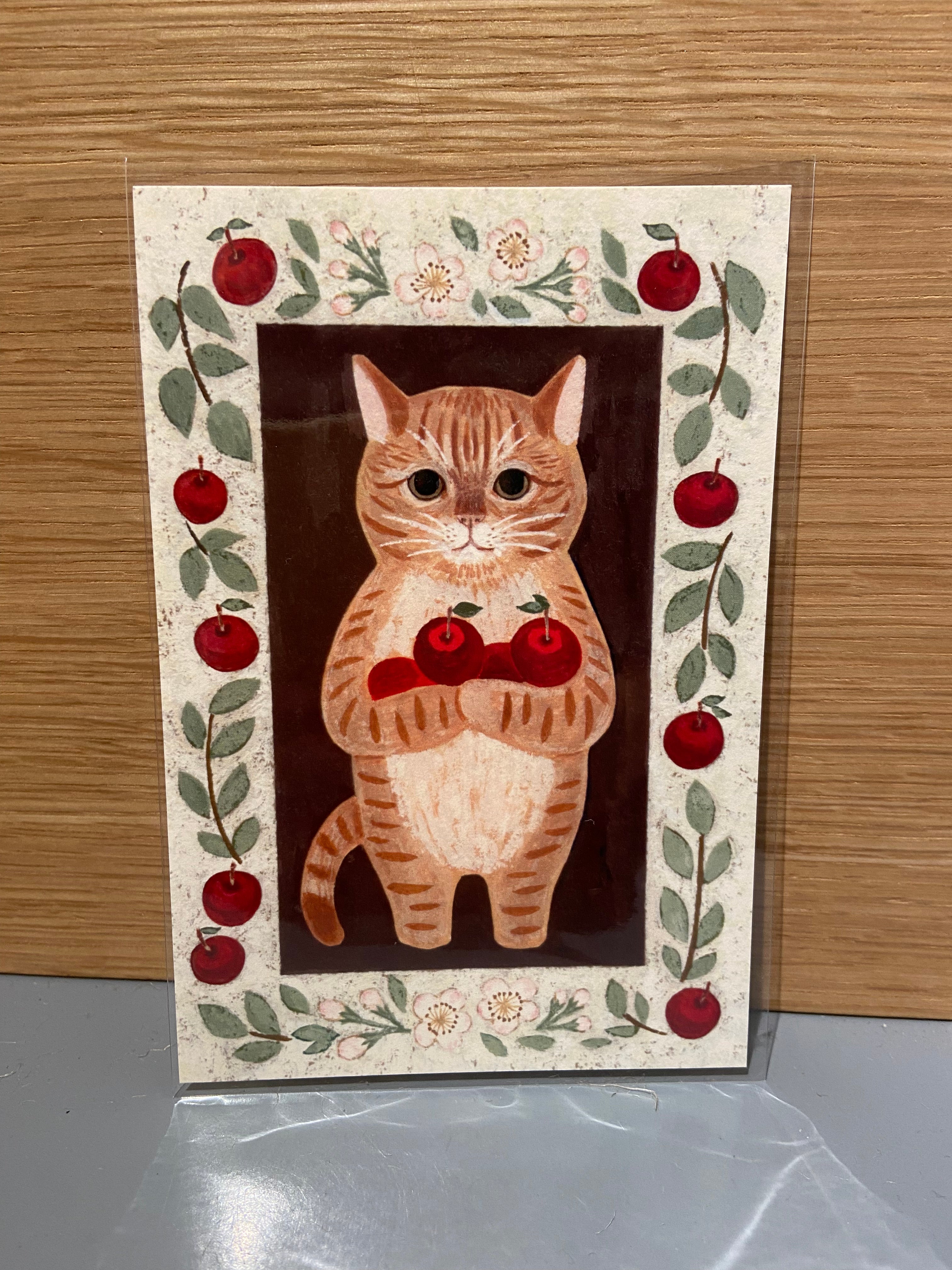 Japanese card with cat and apples