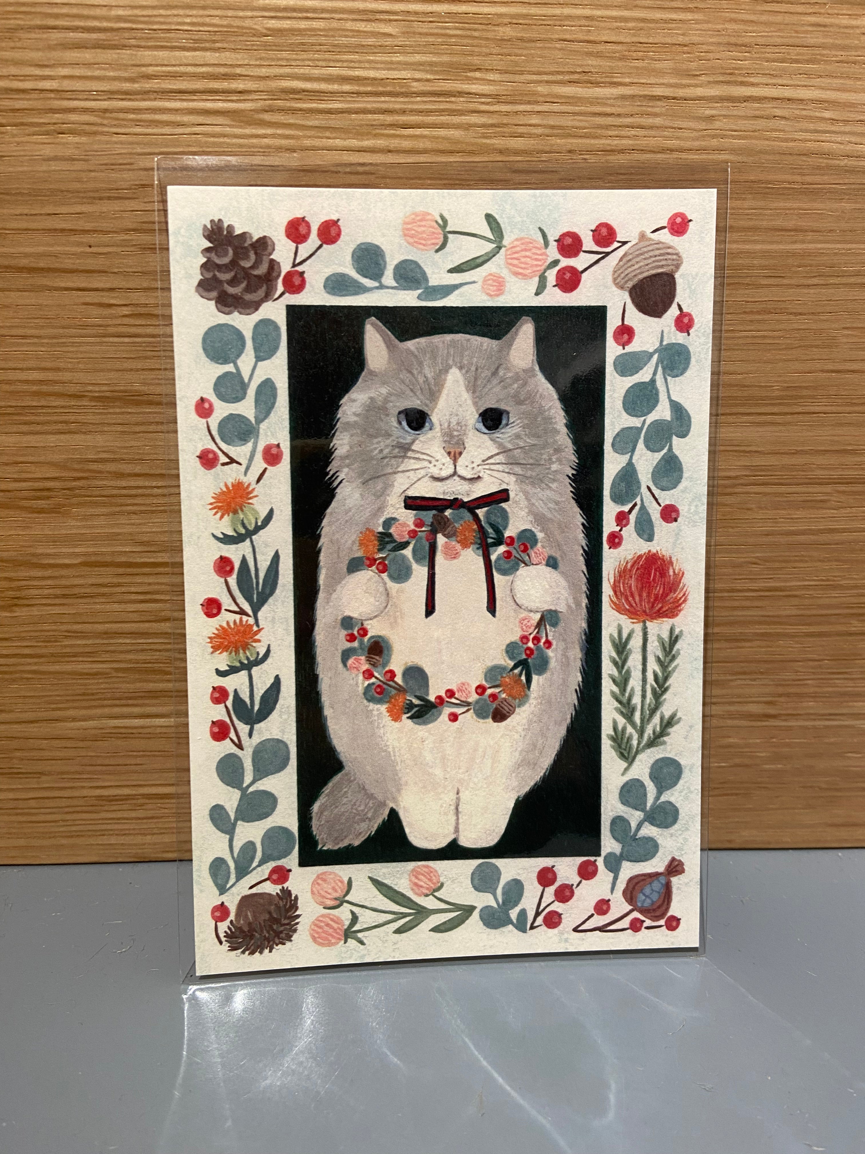 Japanese card with gray cat and wreath