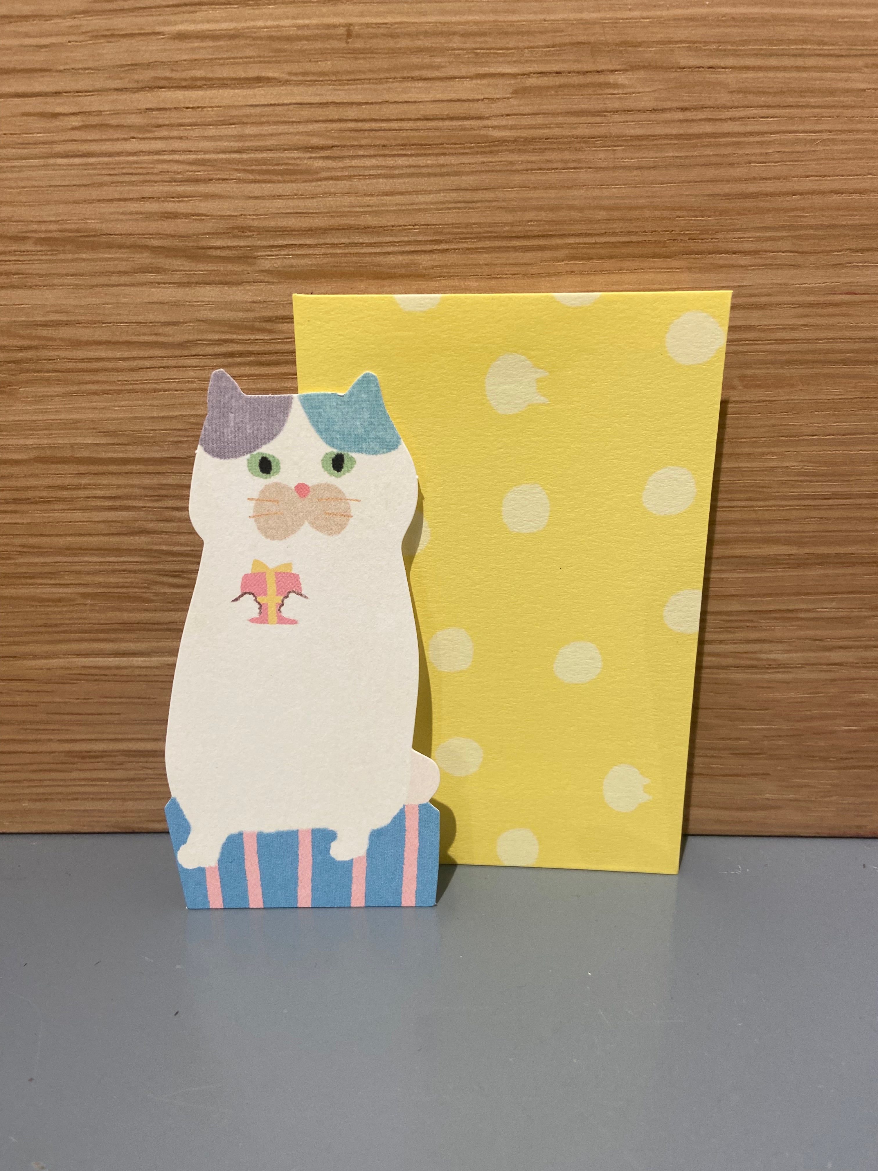 Set of 5 small cards + yellow envelopes, white cat