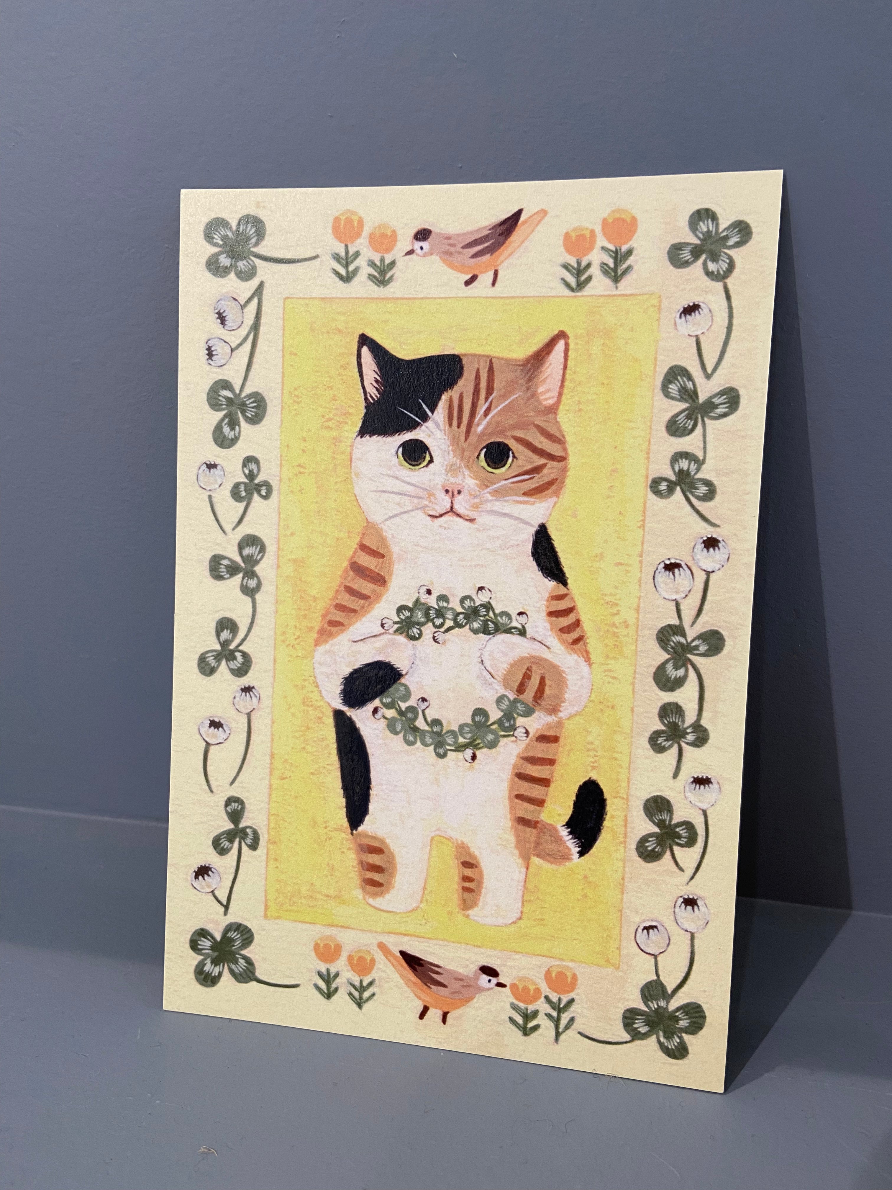 Japanese card with spotted cat, yellow