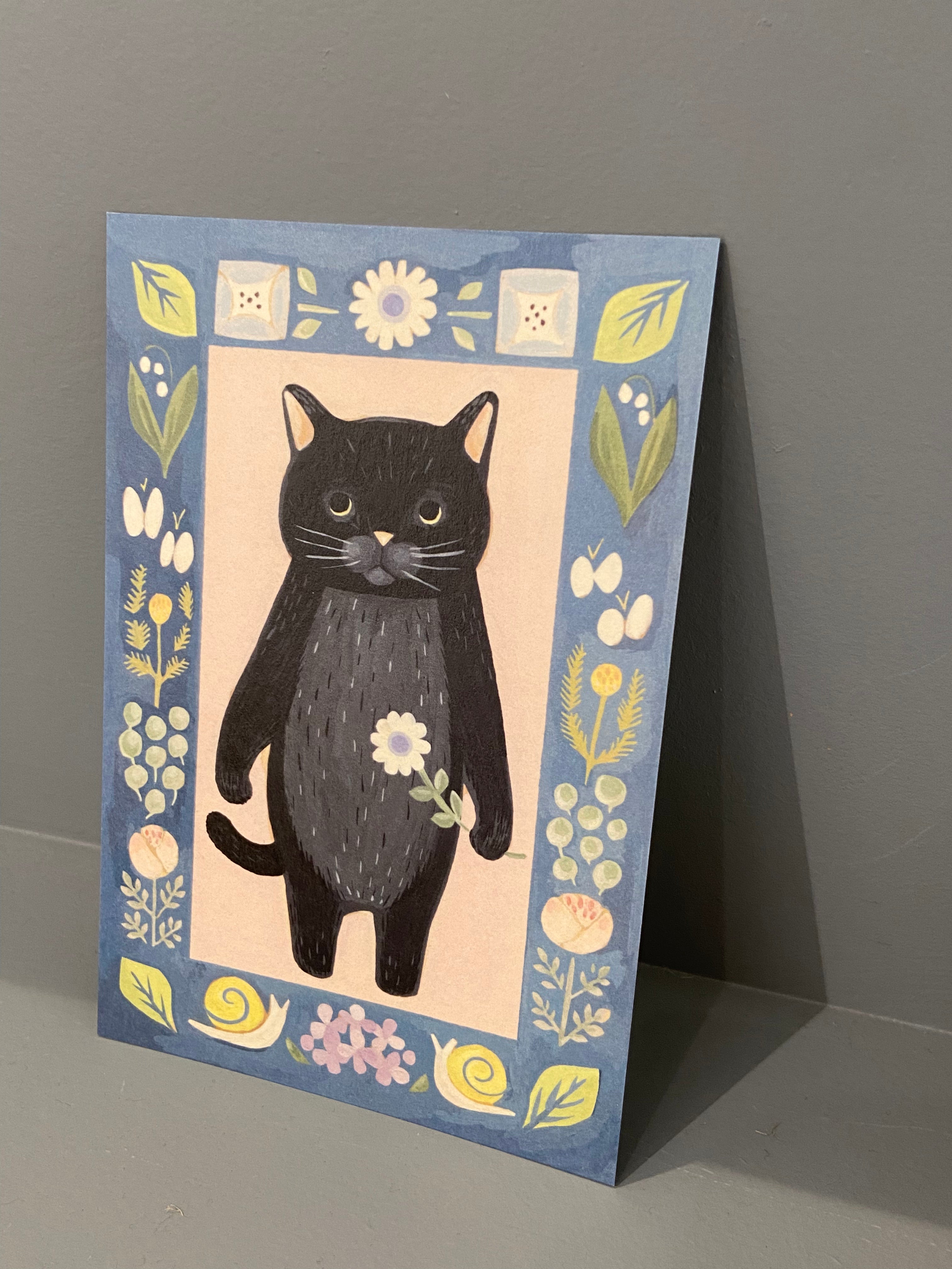 Postcard - Black cat with blue border