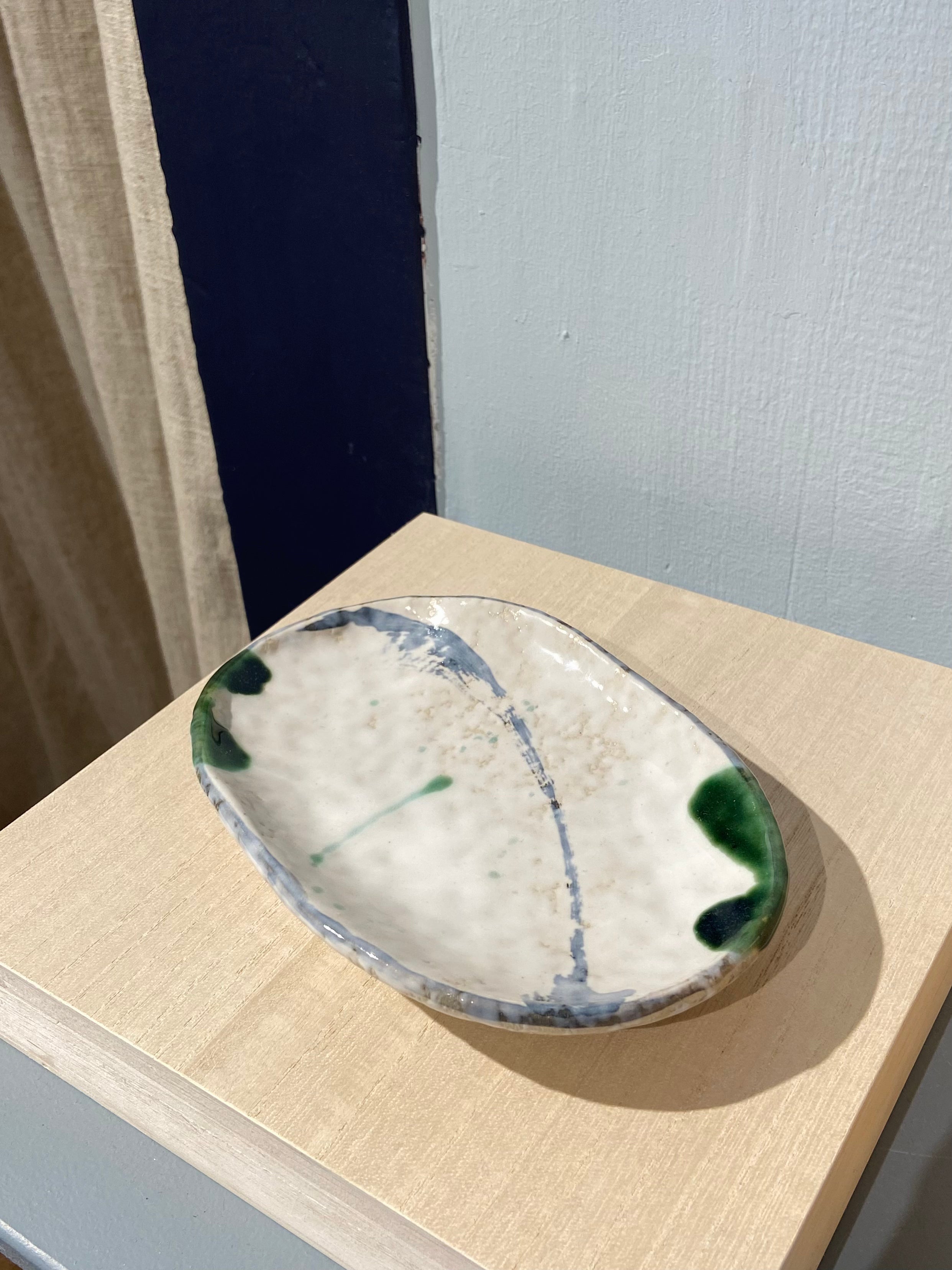 Japanese dish with blue and green pattern, small