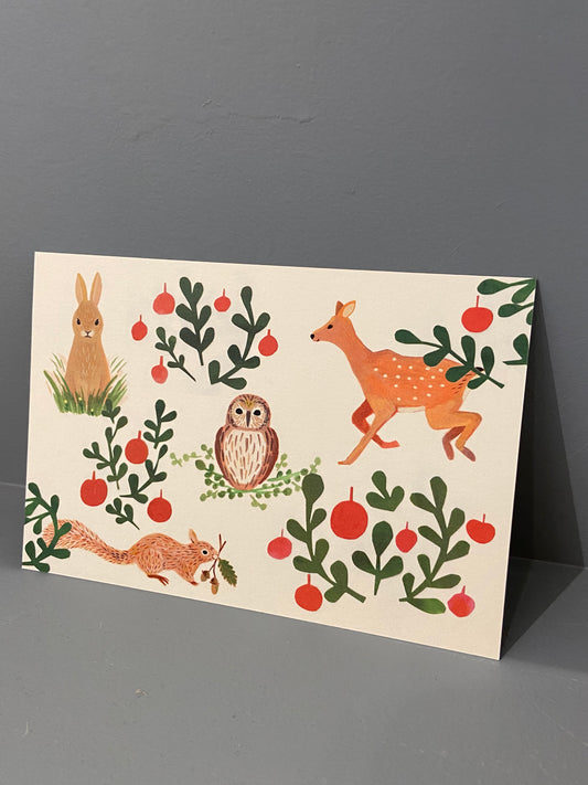 Postkort - Skovens dyr med røde bær